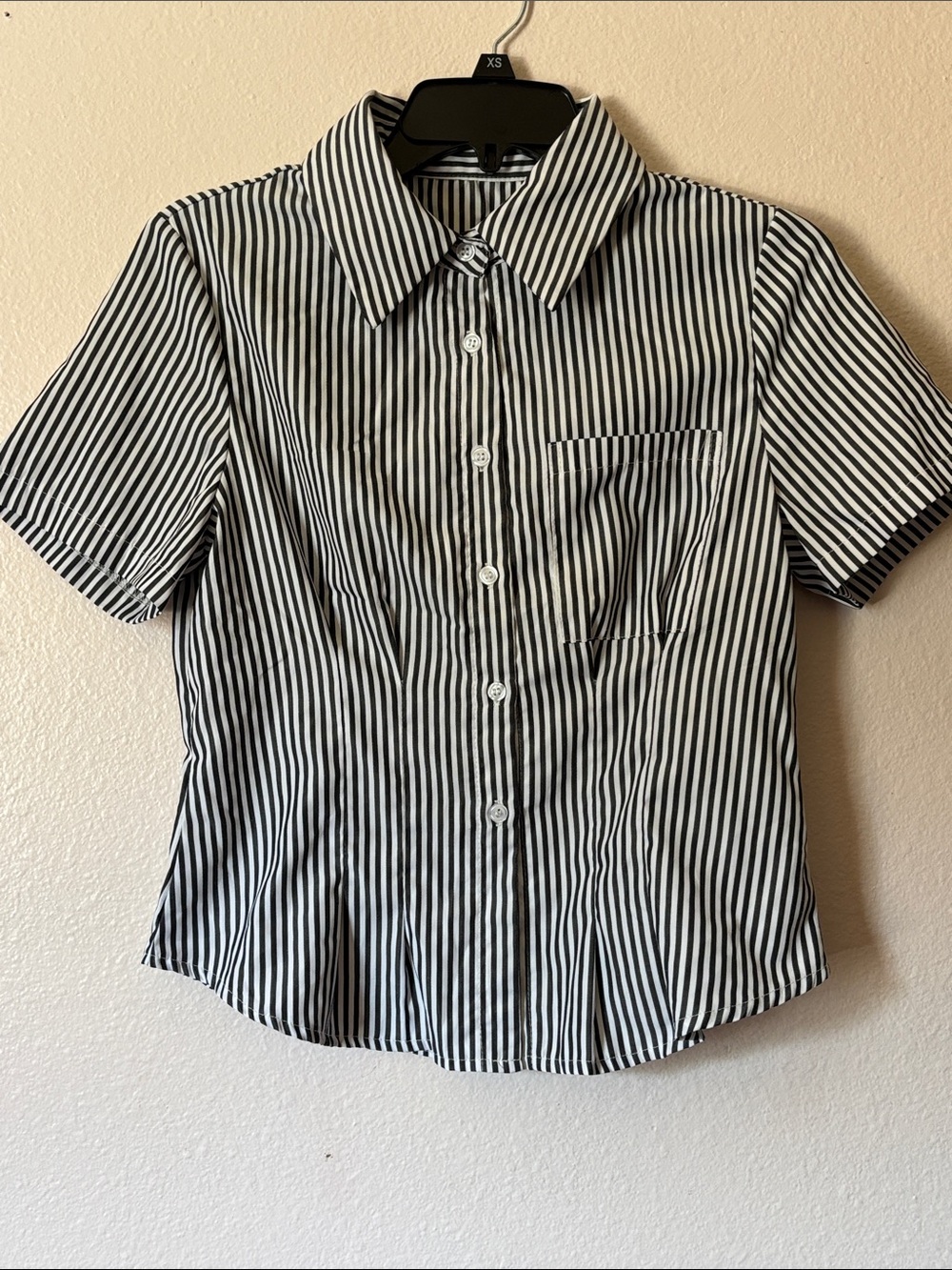 Woman’s Pleated Black and White Striped Button Down Blouse Size S